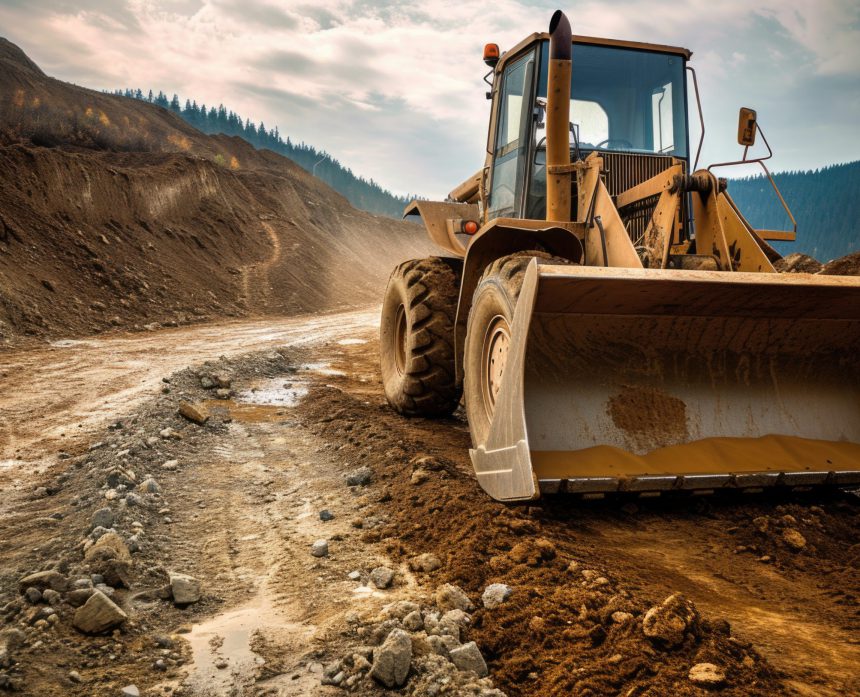 a front end loader on a dirt road, in the style of uhd image, industrial inspiration, gold and brown, 1970–present, catcore --ar 128:81 --v 6 Job ID: a1bed0c8-6d14-4808-b186-1c07a22c74ad